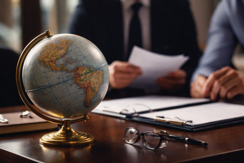 Globo sobre mesa de escritório com documentos ao fundo representando o registro de marca internacional e expansão global de empresas.