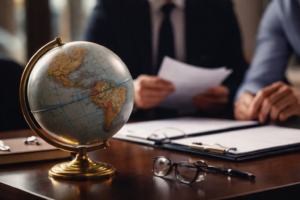 Globo sobre mesa de escritório com documentos ao fundo representando o registro de marca internacional e expansão global de empresas.